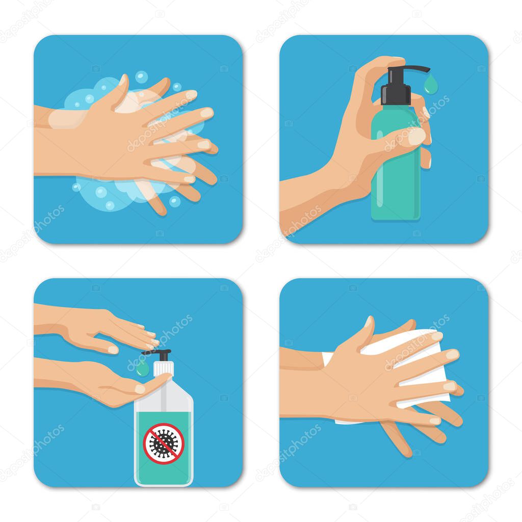 Hands wash and disinfection backgrounds set in a flat design. Preventive measures against coronavirus