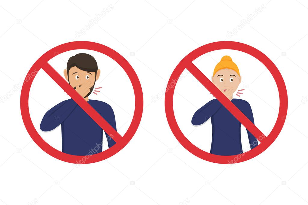 Prohibition signs with man and woman for wrong cough in hand in a flat design