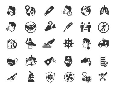 Bir dizi koroavirüs ikonu. COVID-19 simgeleri basit tasarımda. Vektör illüstrasyonu