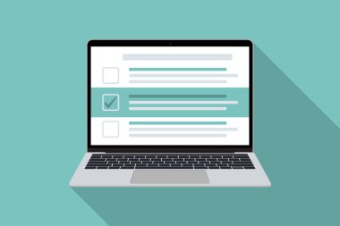 Düz dizaynlı uzun gölgeli kontrol listesi olan dizüstü bilgisayar. İşaretli kutular ile liste