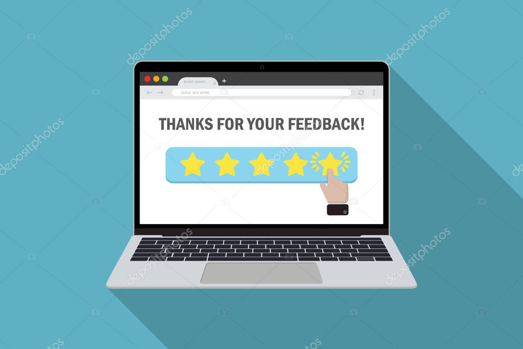 Laptop with customer choice product evaluation in star rating in a flat design