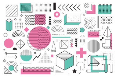 Beyaz arka planda büyük bir memphis tasarım elementleri