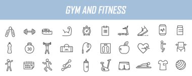 Doğrusal fitness simgeleri kümesi. Basit tasarım jimnastik simgeleri. Vektör illüstrasyonu