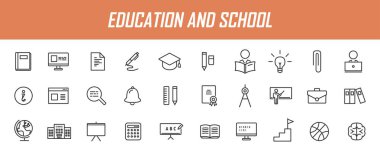 Bir dizi doğrusal eğitim ikonu. Basit tasarımlarda okul simgeleri. Vektör illüstrasyonu