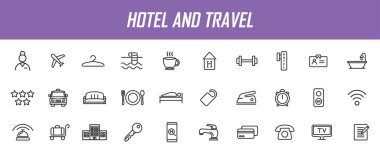 Bir dizi doğrusal otel ikonu. Basit dizaynlarda seyahat simgeleri. Vektör illüstrasyonu