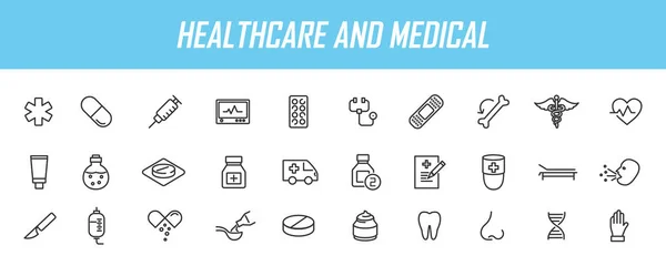 Conjunto Iconos Médicos Lineales Iconos Salud Diseño Simple Ilustración Vectorial — Vector de stock