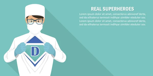 Dokter Merobek Jubahnya Dengan Lambang Superhero Dadanya Dalam Desain Datar - Stok Vektor