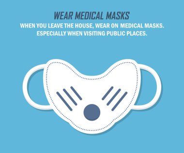 Koronavirüs salgınında tavsiye. Tıbbi maske takın. Mavi arka planda düz dizayn edilmiş tıbbi maske