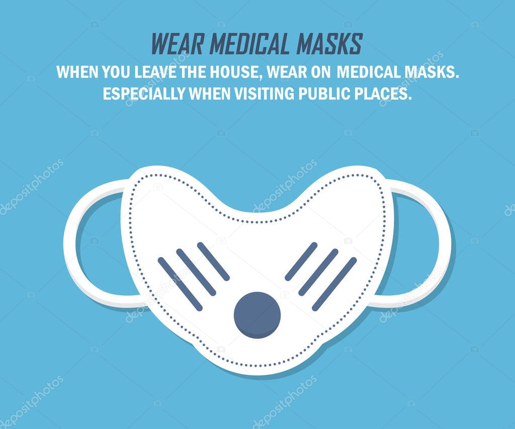 Recommendation during a coronavirus pandemic. Wear medical masks. Medical mask in a flat design on a blue background