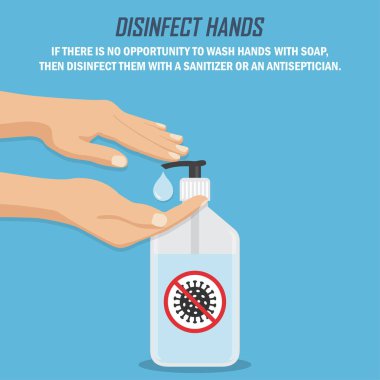 Koronavirüs salgınında tavsiye. Ellerini dezenfekte et. Mavi arka planda düz dizayn edilmiş dezenfektanlı eller