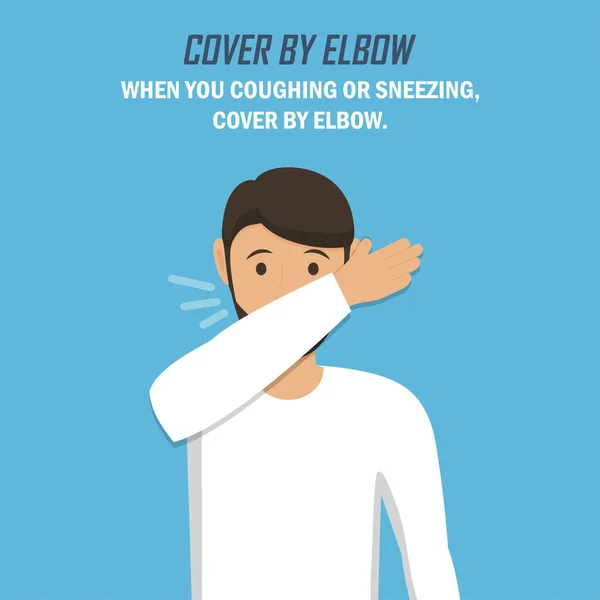 コロナウイルスのパンデミックの間の勧告 ナプキンでカバー 青い背景に平らなデザインの肘で男はくしゃみとカバー — ストックベクタ