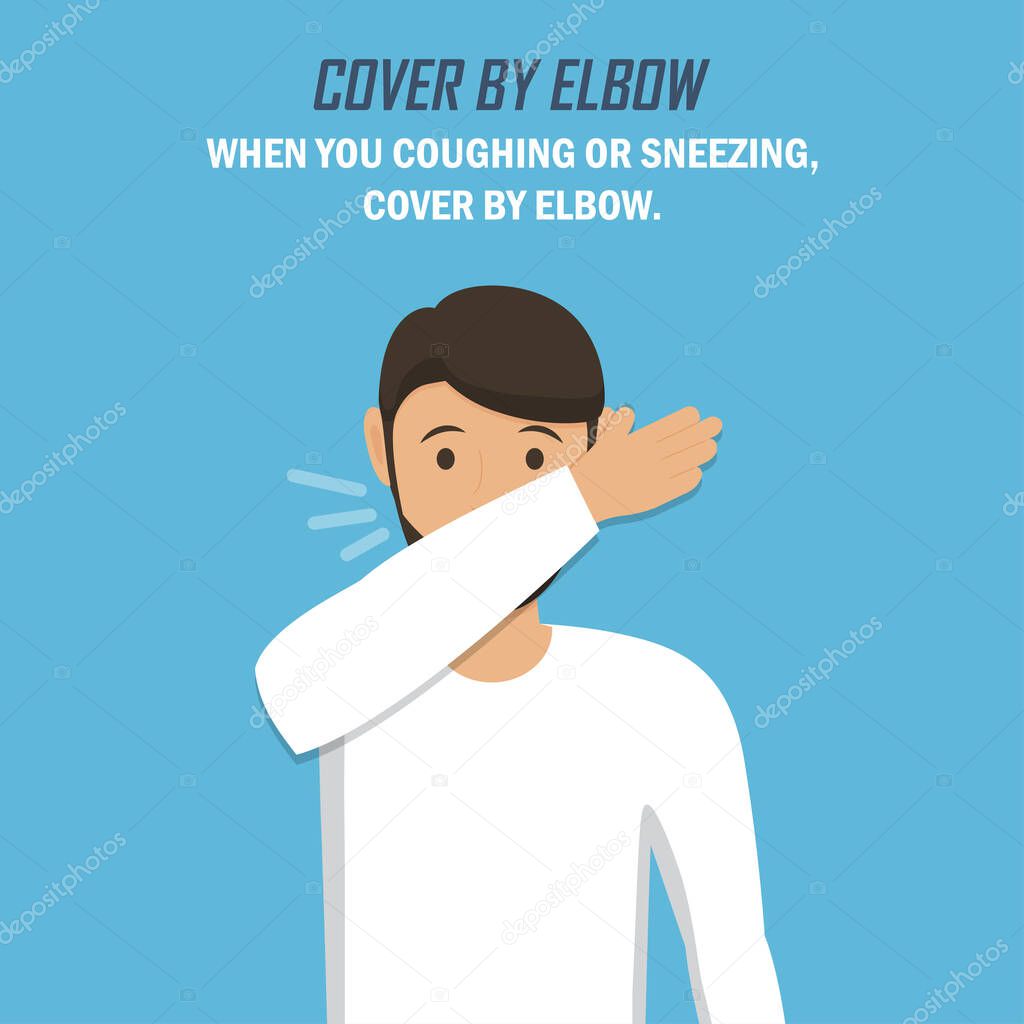 Recommendation during a coronavirus pandemic. Cover with napkin. Man sneezes and covers with elbow in a flat design on a blue background