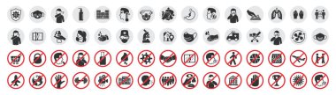 Big set of coronavirus icons. Preventive virus protection measures, quarantine icons, prohibition symbols, virus prevention clipart
