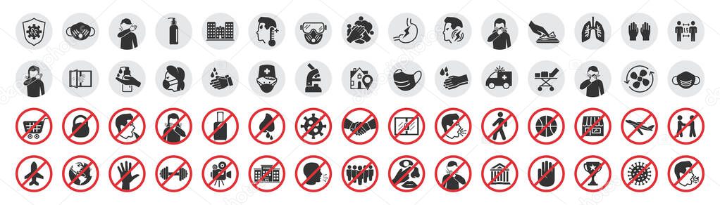 Big set of coronavirus icons. Preventive virus protection measures, quarantine icons, prohibition symbols, virus prevention