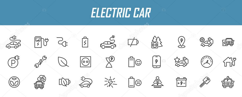 Set of linear electric car icons. Eco car icons in simple design. Vector illustration