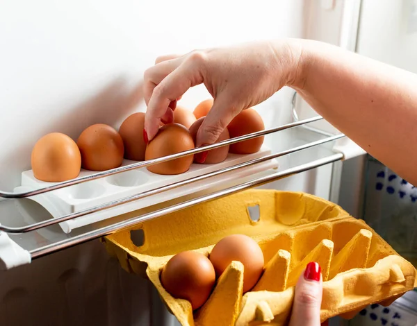冷蔵庫の段ボールパッケージから鶏の卵の手動コレクション 有機鶏の卵は冷蔵庫で新鮮なまま トレイの中の茶色の卵 — ストック写真