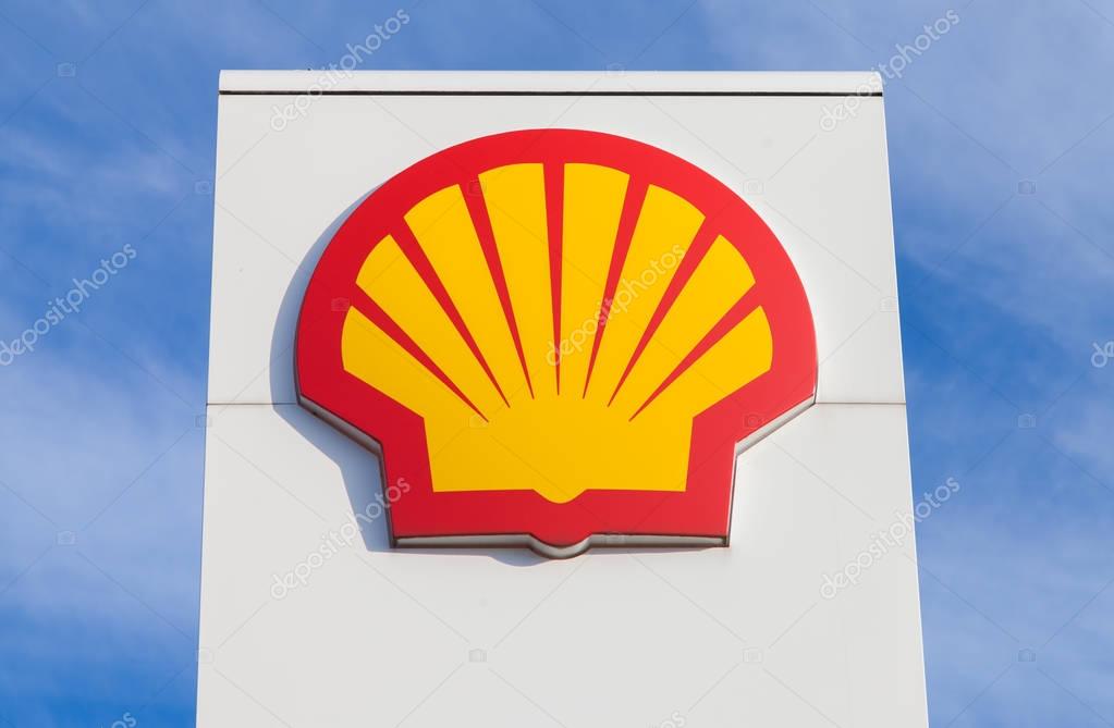 BURG / GERMANY - NOVEMBER 13, 2016: Shell gas station sign. Shell is an Anglo-Dutch multinational oil and gas company headquartered in the Netherlands and incorporated in the United Kingdom.