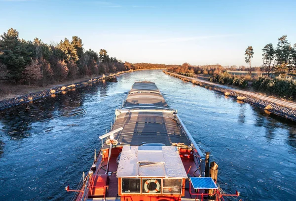 Inland vessel drives a canal river along — Stock Photo, Image