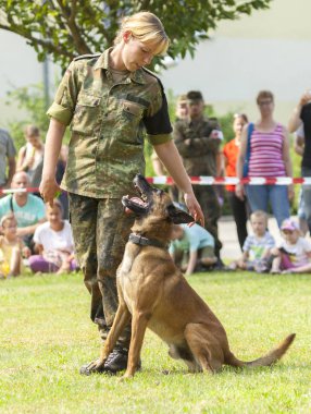 Alman askeri polis çoban köpeği onun sahibi tarafından açık gününde oturur.