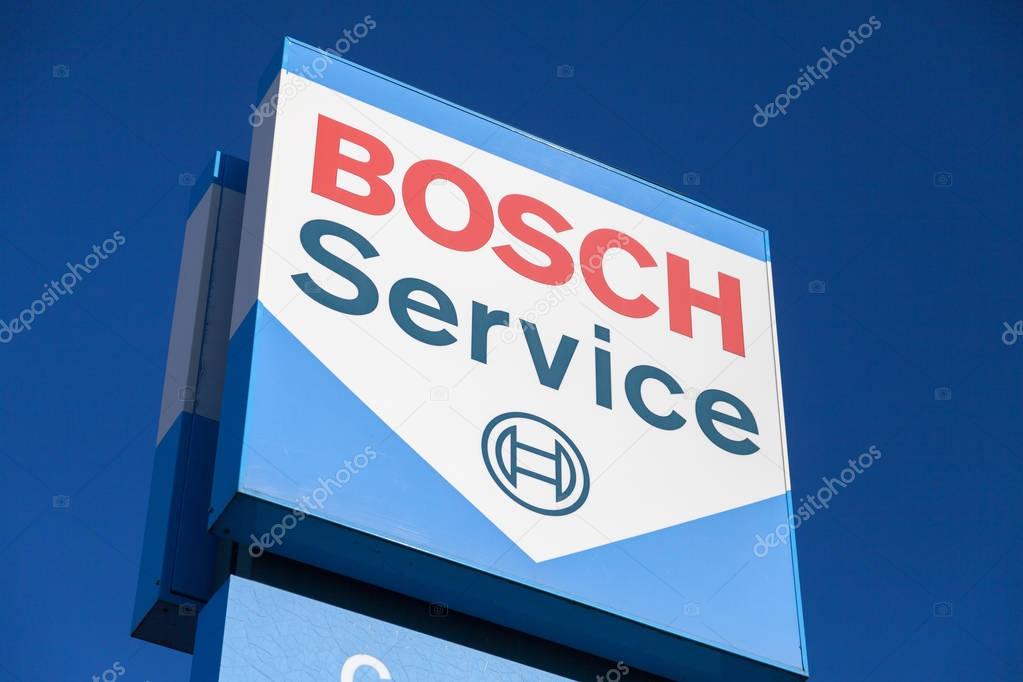 FUERTH / GERMANY - FEBRUARY 25, 2018: Bosch logo near a Bosch service building. Bosch is a German multinational engineering and electronics company headquartered in Gerlingen, near Stuttgart, Germany.