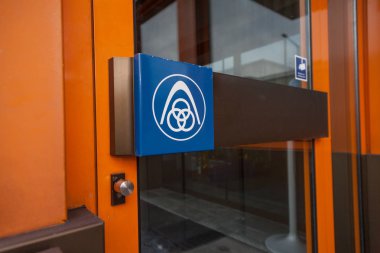 NUERNBERG / GERMANY - MARCH 4, 2018: German steel producer ThyssenKrupp logo on entrance building. clipart