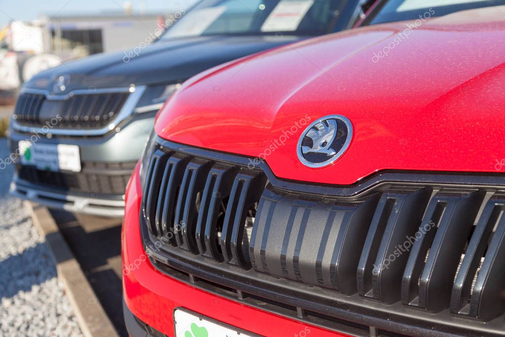 NUERNBERG / GERMANY - MARCH 4, 2018: Skoda logo on a Skoda car at a car dealer in Germany. Skoda is a Czech automobile manufacturer founded in 1895 as Laurin and Klement.