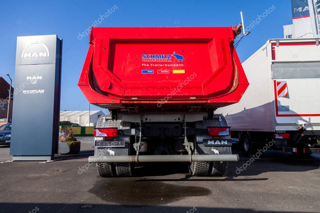 NUERNBERG / GERMANY - MARCH 4, 2018: MAN TGS 35.460 8X8 dumper stands on a platform near the MAN factory in Nuernberg.