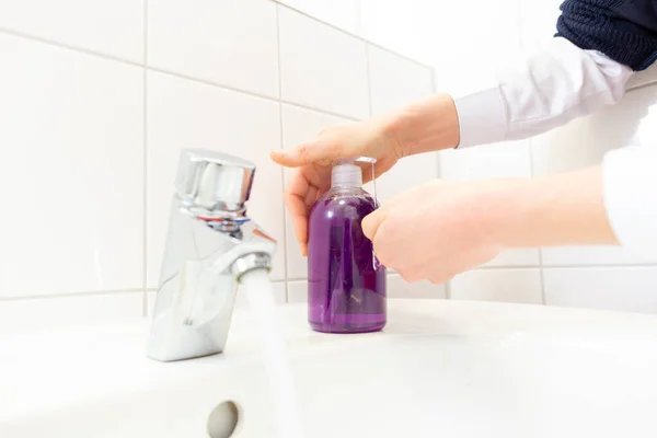 Woman Washes Her Hands Soap — Stock Photo, Image