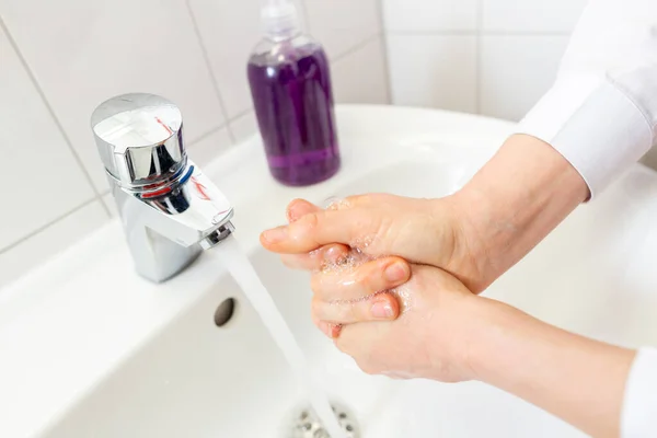 Woman Washes Her Hands Soap — Stock Photo, Image