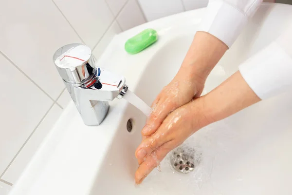 Woman Washes Her Hands Soap — Stock Photo, Image