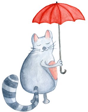 Kırmızı şemsiye ile suluboya kedi