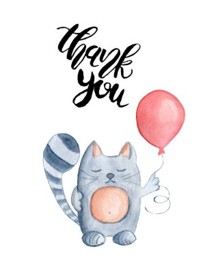 Kırmızı balon ile suluboya kedi