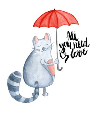 Watercolor cat with red umbrella clipart
