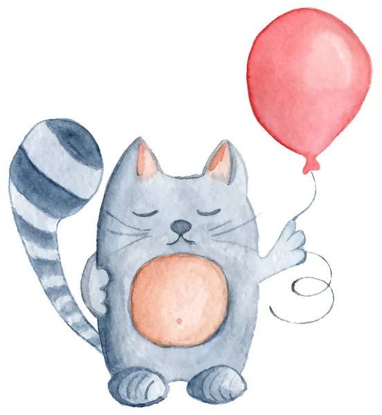 Akvarell macska piros léggömb — Stock Fotó