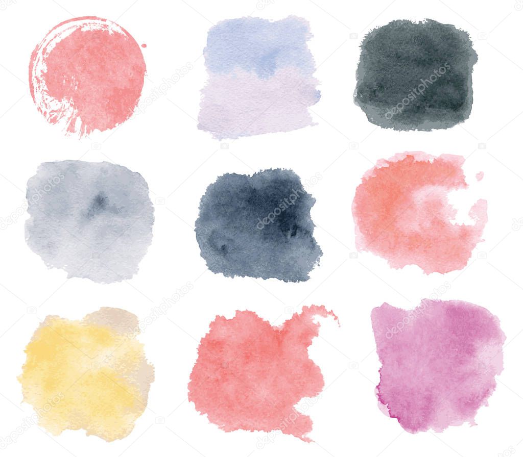 Set with pink, yellow, purple and black watercolor splashes