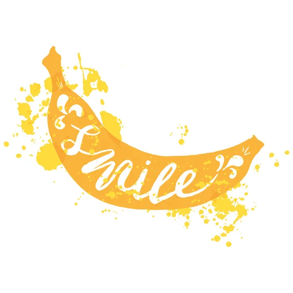 Illustration dessinée à la main d'une silhouette banane jaune isolée sur fond blanc. Affiche typographique avec lettrage à l'intérieur avec éclaboussures d'encre. L'inscription Sourire — Image vectorielle