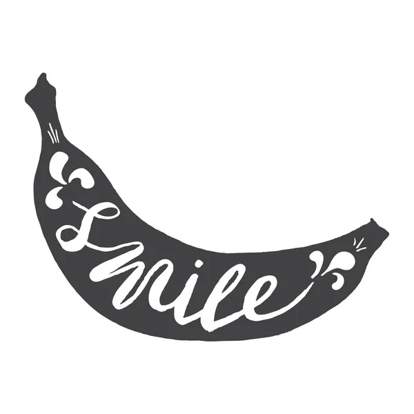 Illustration dessinée à la main d'une silhouette banane noire isolée sur fond blanc. Affiche de typographie avec lettrage à l'intérieur. L'inscription Sourire — Image vectorielle