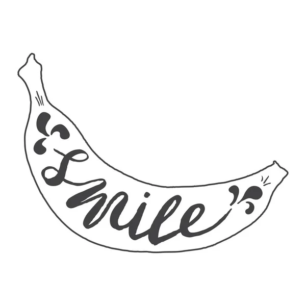 Illustration dessinée à la main d'une silhouette banane isolée sur fond blanc. Affiche de typographie avec lettrage à l'intérieur. L'inscription Sourire — Image vectorielle