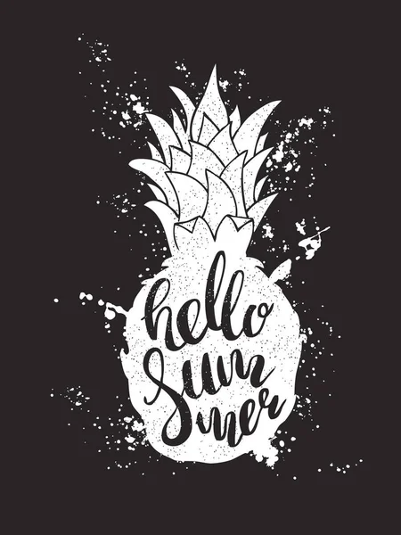Pineapple silhouette lettering Hello summer black and white — Stock Vector