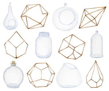 Succulents ve kaktüs, geometrik ve cam terrarium doodle tencere ve cam