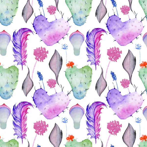 Aquarelle Boho Pattern. Texture tribale sans couture avec plume et cactus sur le whit — Photo