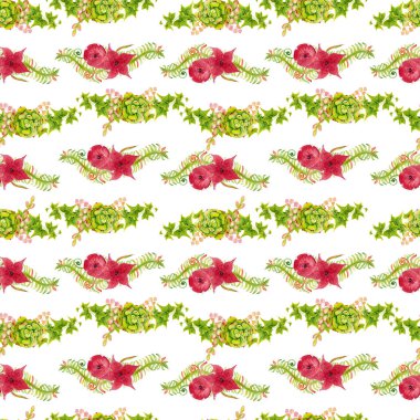 Sulu Boya desen kırmızı çiçekler, etli, kaktüs ve eğrelti