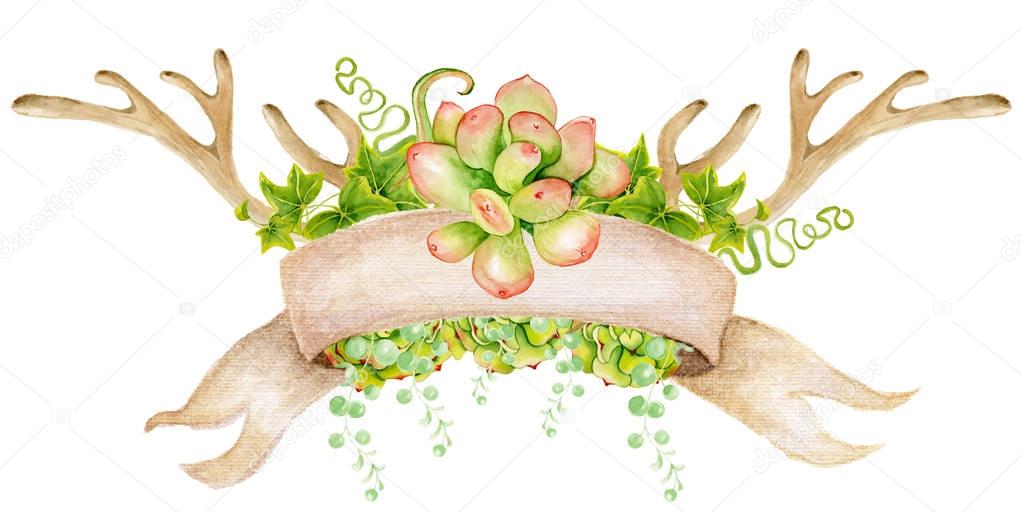 Watercolor antler with succulent, cactus, and leaves. Hand painted deer horns.