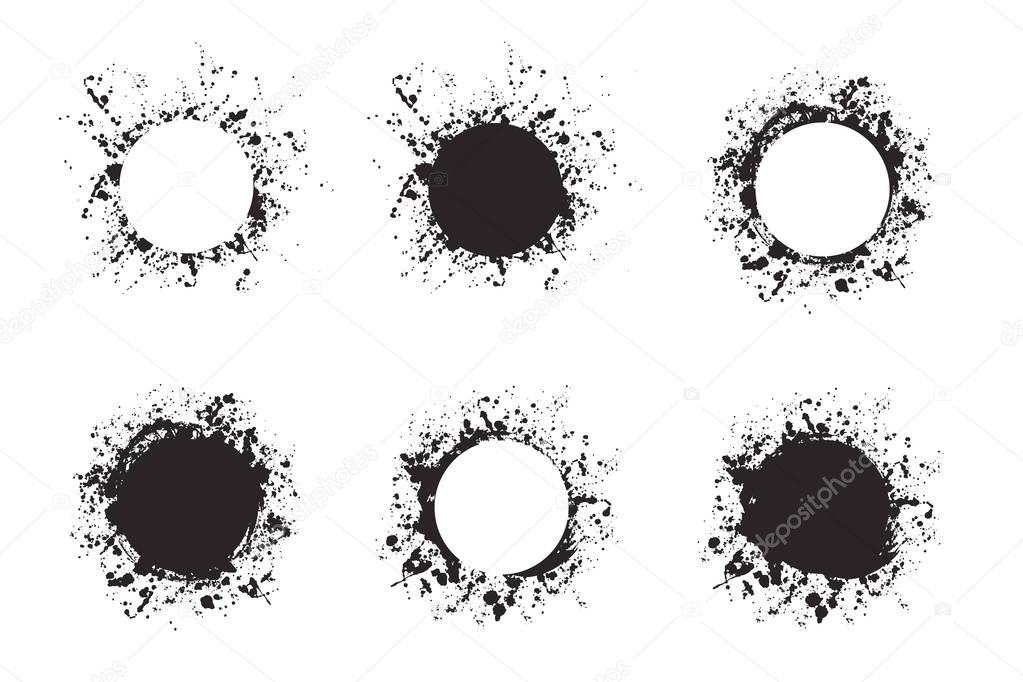 Splatter ink round frame backgrounds paints set with black splash on white. 