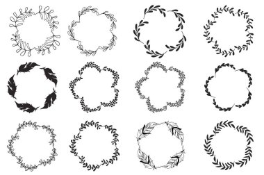 elle çizilmiş doodle çelenk kümesi. Vektör el çekilen resimde siyah ve beyaz. Tasarım öğeleri için kartlar, el ilanları