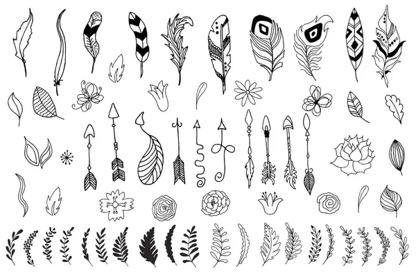 Набір стрілки, квітів, листя і пір'я в рідну індійському стилі. Векторна ілюстрація боку звернено ізольовані на білому тлі. Бохо, книжка, елементів дизайну для листівок, флаєрів — стоковий вектор