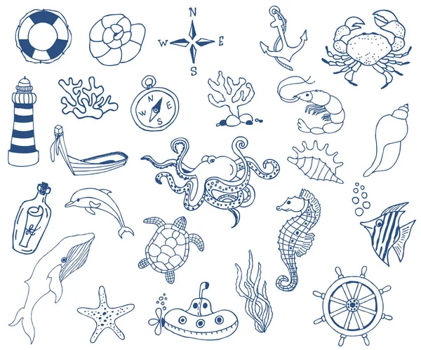 Mão desenhado coleção doodle ícones do mar sobre fundo branco. Ilustração vetorial — Vetor de Stock