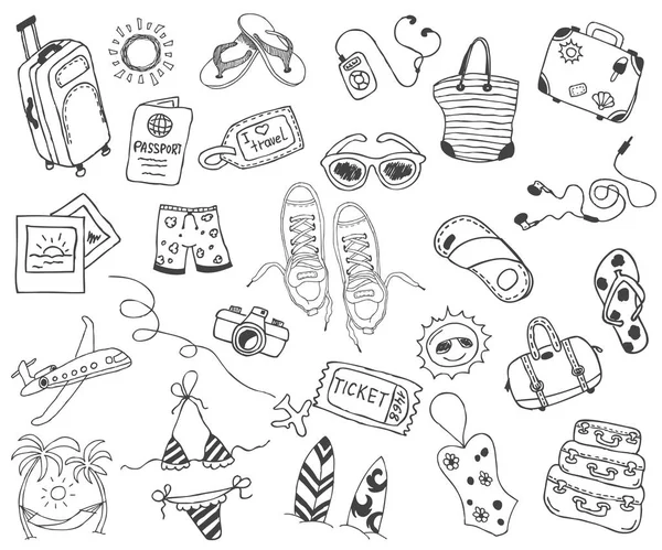 El çekilmiş seyahat, tatil, seyahat, plaj doodle simgeler koleksiyonu beyaz arka — Stok Vektör