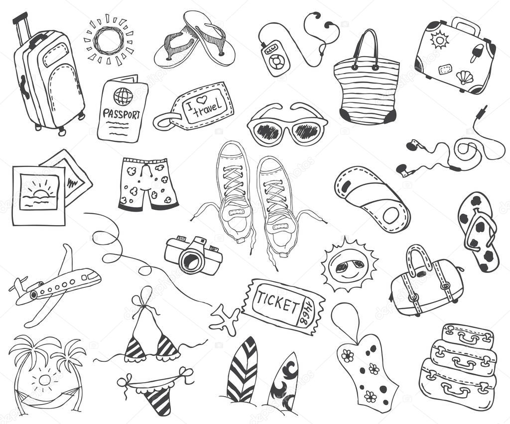 Hand drawn travel, vacation, travel, beach doodle Icons collection on white back