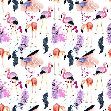 Suluboya flamingo Dikişsiz desen beyaz arka plan üzerinde izole